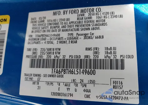 2020 Ford Mustang Ecoboost Fastback from USA, damaged, VIN 1FA6P8TH6L5149600